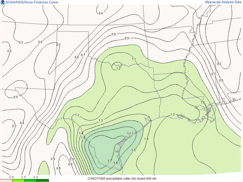 Current low-level moisture (precipitable water map)